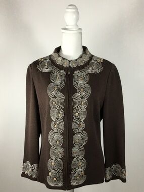 St. John Collection Embroidered Zip Front Jacket Blazer – Brown, Size 14